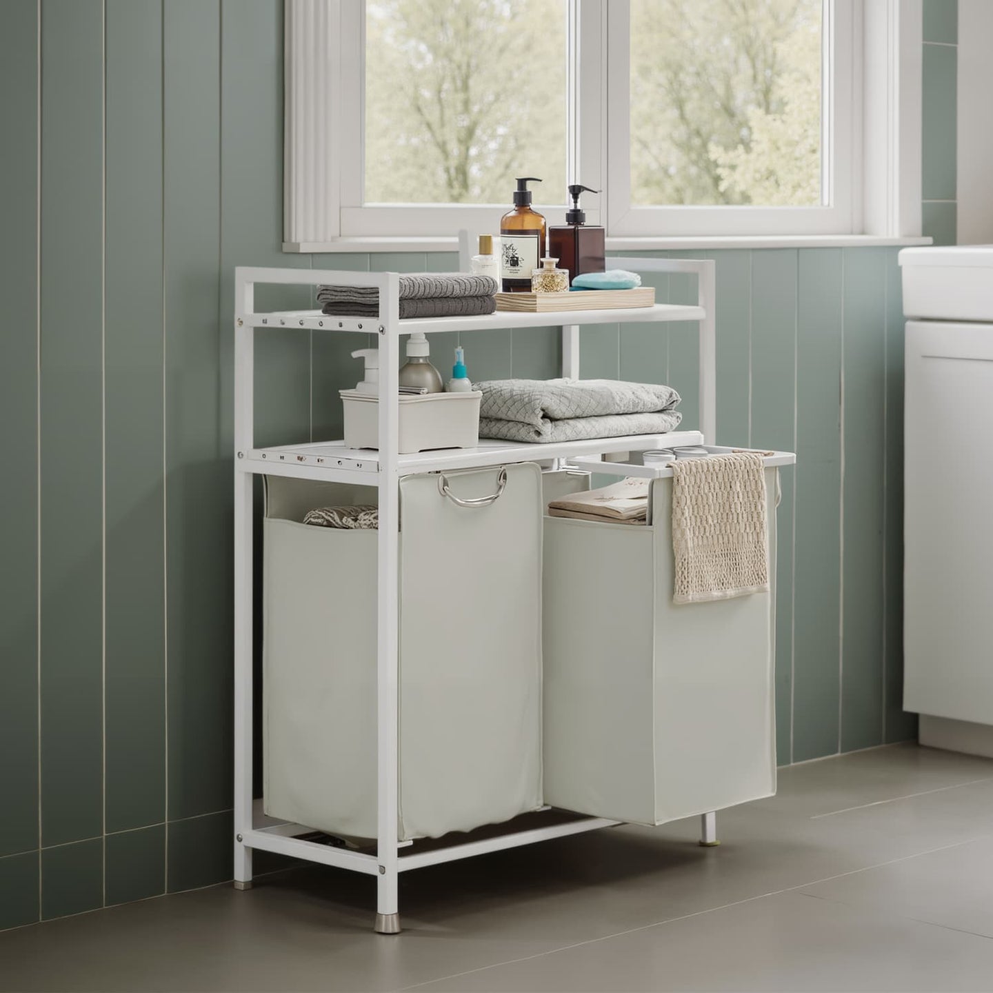 Laundry Hamper - Metal - Black and Grey - Dual Pull-Out Bags with Shelves