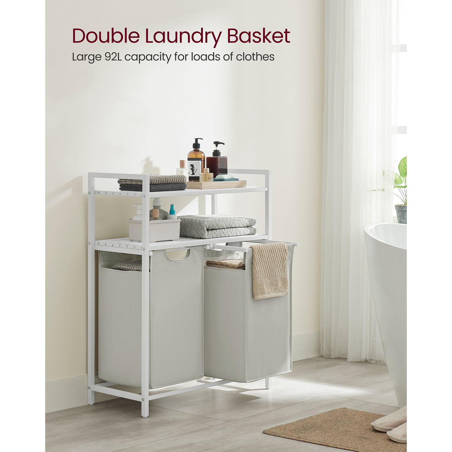Laundry Basket - Fabric - White - 2 Shelves with 2 Removable Bags