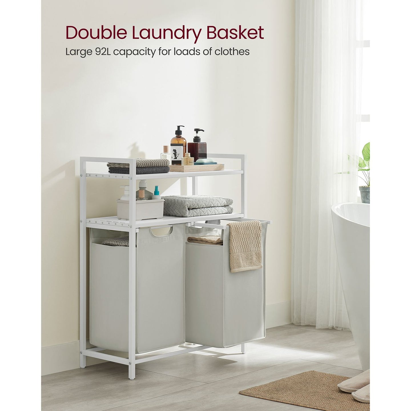 Laundry Basket - Fabric - White - 2 Shelves with 2 Removable Bags