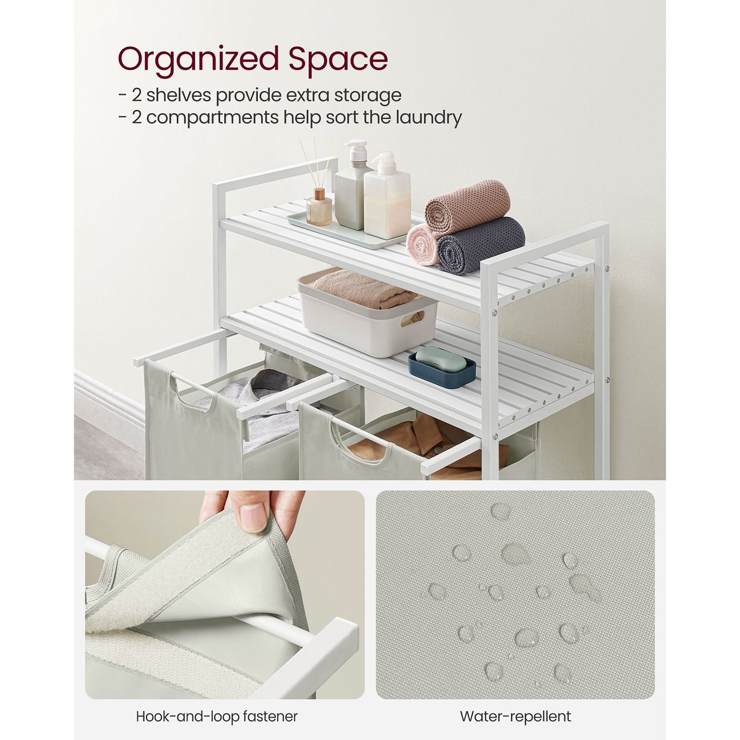 Laundry Basket - Fabric - White - 2 Shelves with 2 Removable Bags
