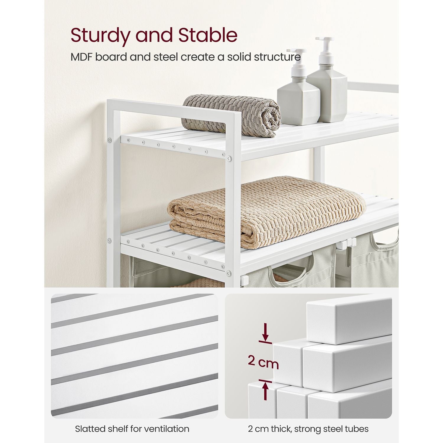 Laundry Basket - Fabric - White - 2 Shelves with 2 Removable Bags