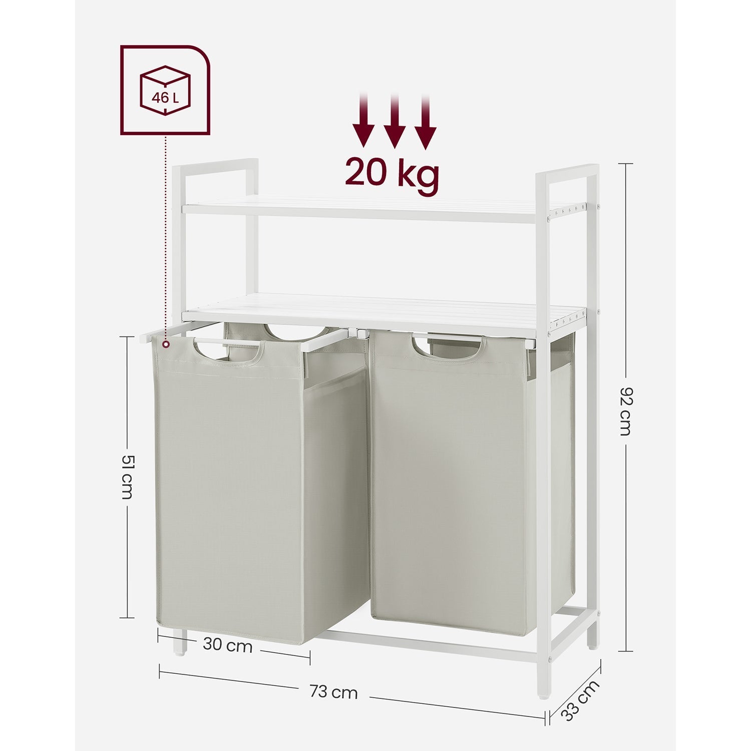 Laundry Basket - Fabric - White - 2 Shelves with 2 Removable Bags