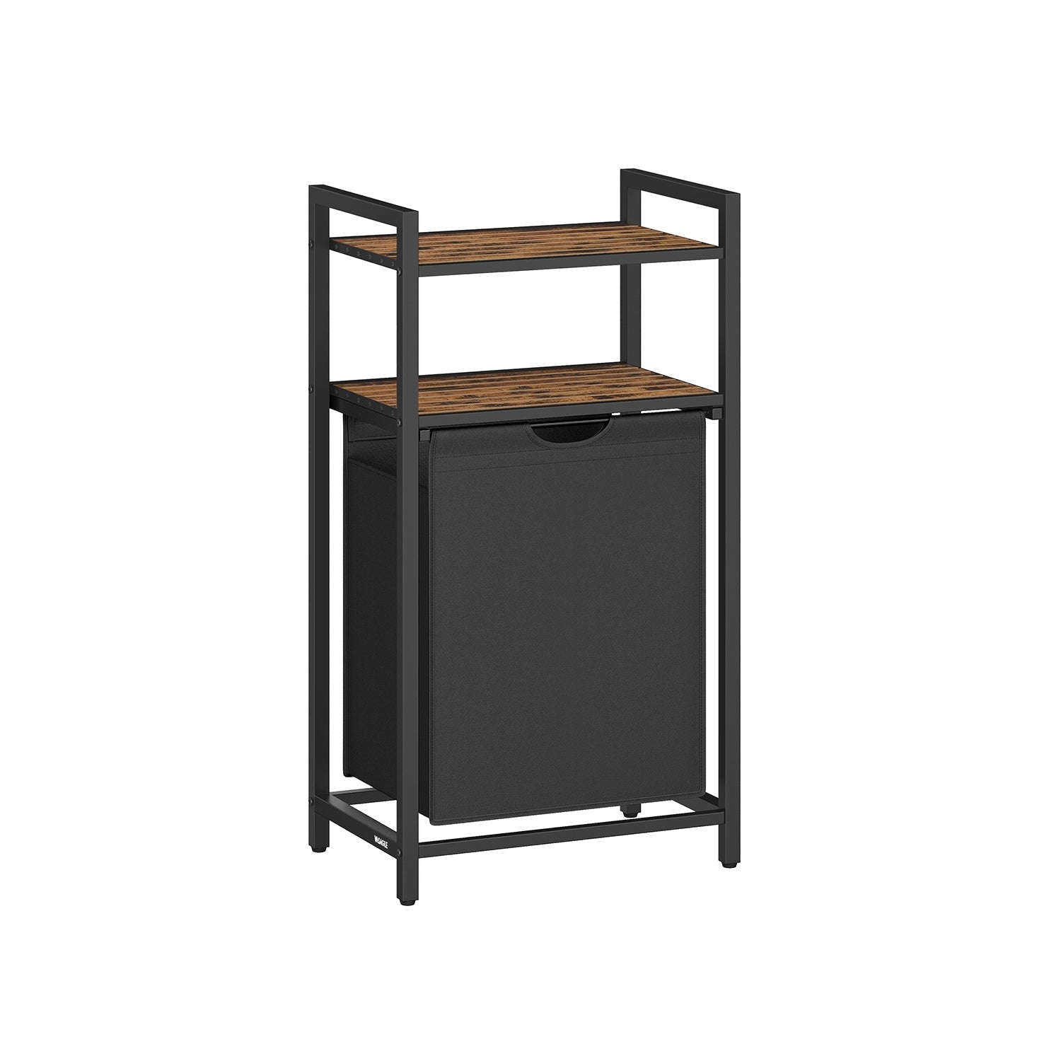 Laundry Basket - Wood - Rustic Brown and Black - 65 L Capacity with Removable Bag and 2 Shelves