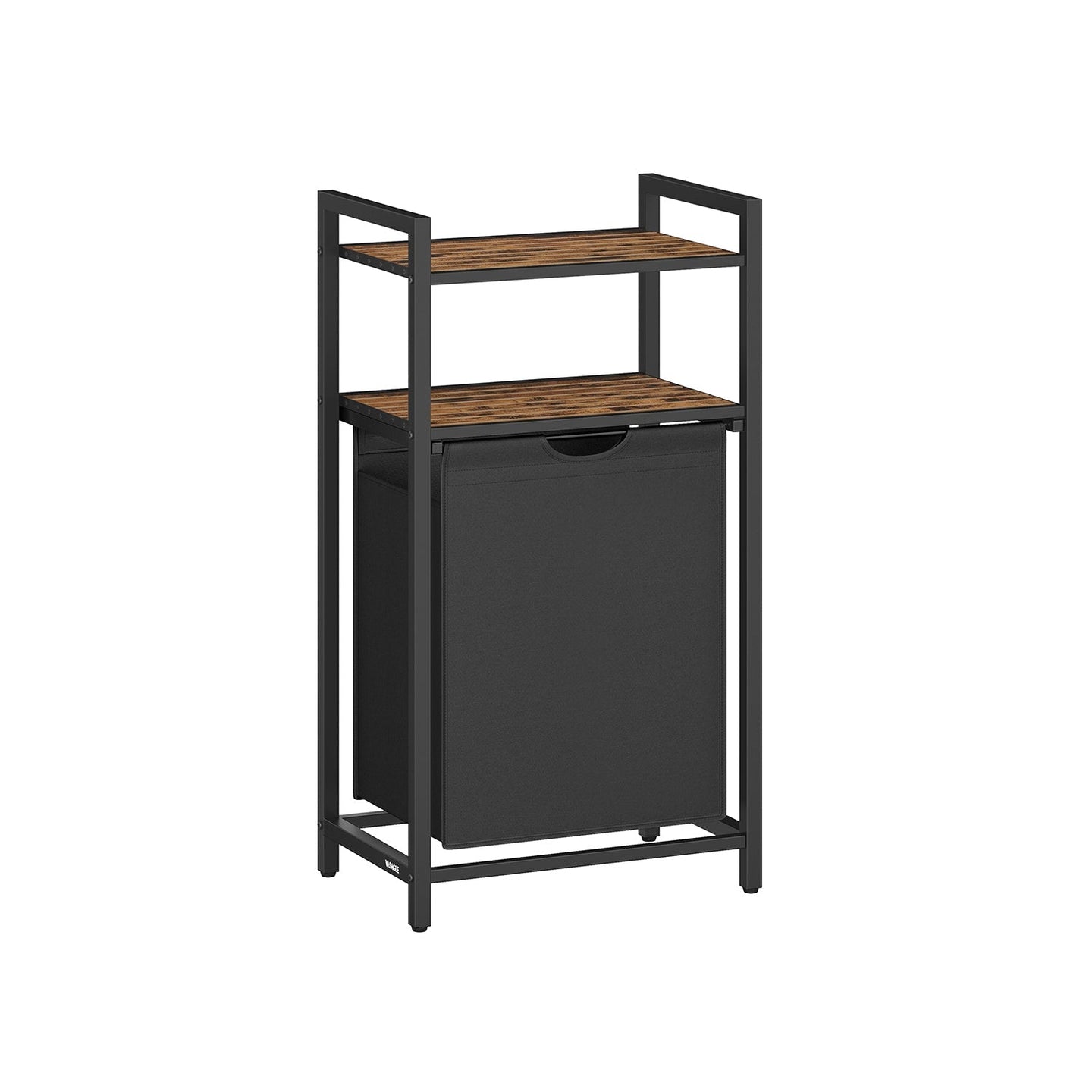 Laundry Basket - Wood - Rustic Brown and Black - 65 L Capacity with Removable Bag and 2 Shelves