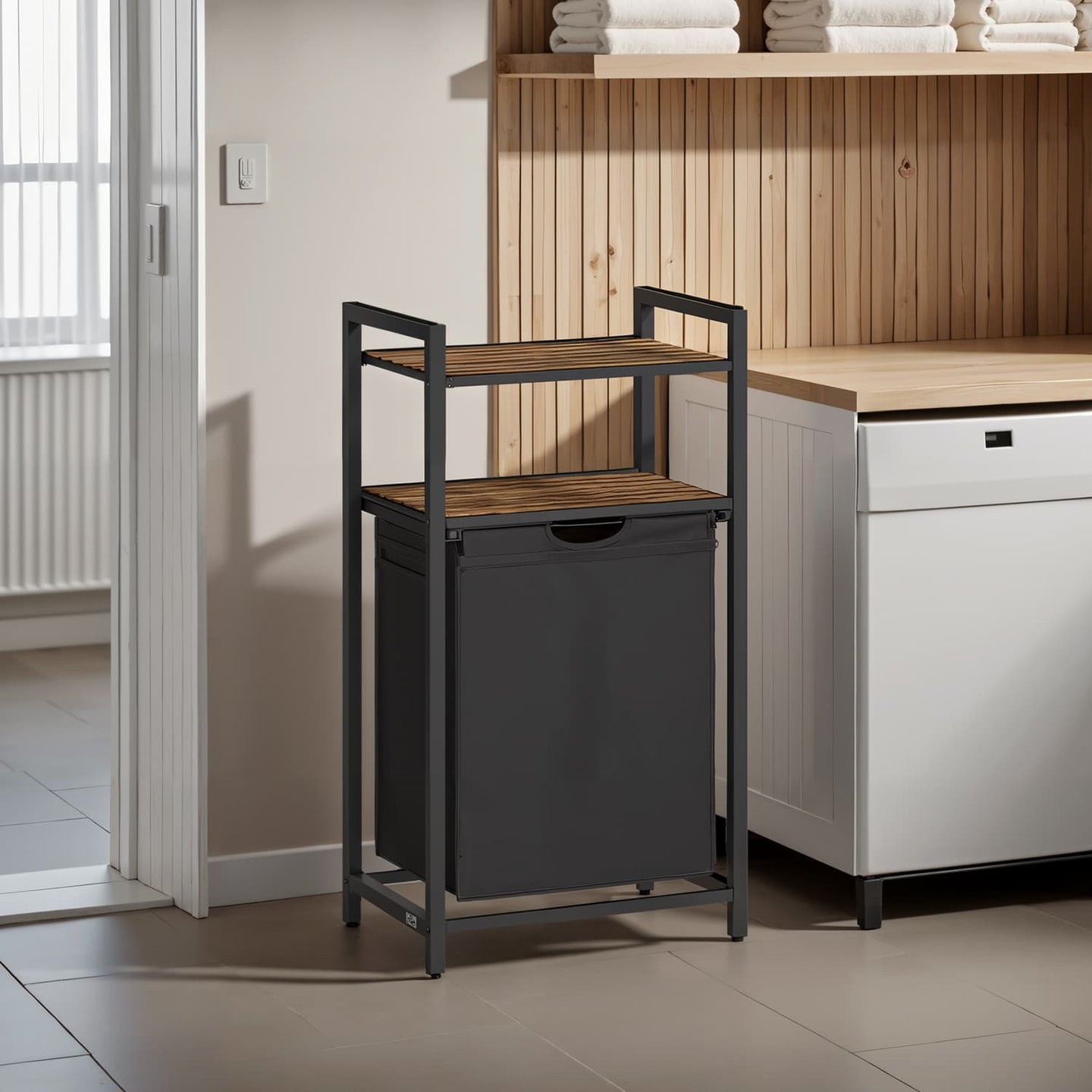 Laundry Hamper - Wood - Rustic Brown and Black - Pull-Out Laundry Bag with 2 Shelves