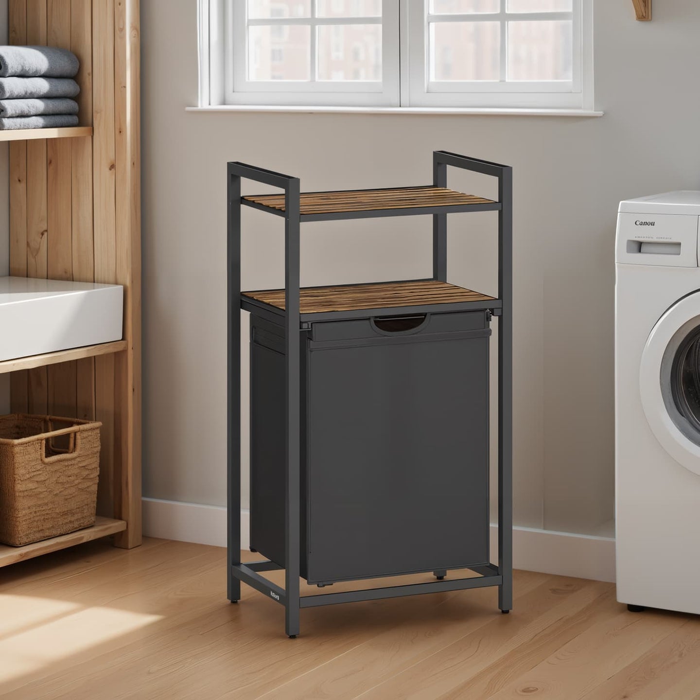 Laundry Hamper - Wood - Rustic Brown and Black - Pull-Out Laundry Bag with 2 Shelves