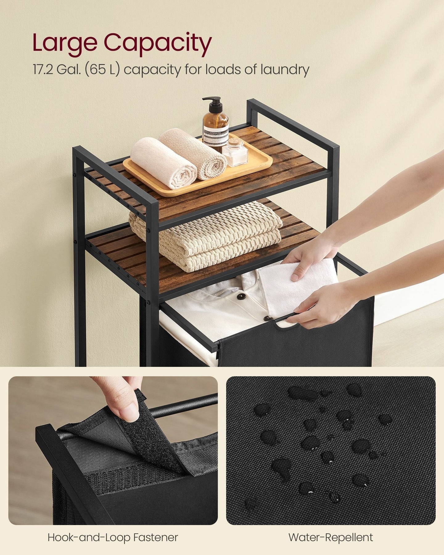 Laundry Basket - Wood - Rustic Brown and Black - 65 L Capacity with Removable Bag and 2 Shelves
