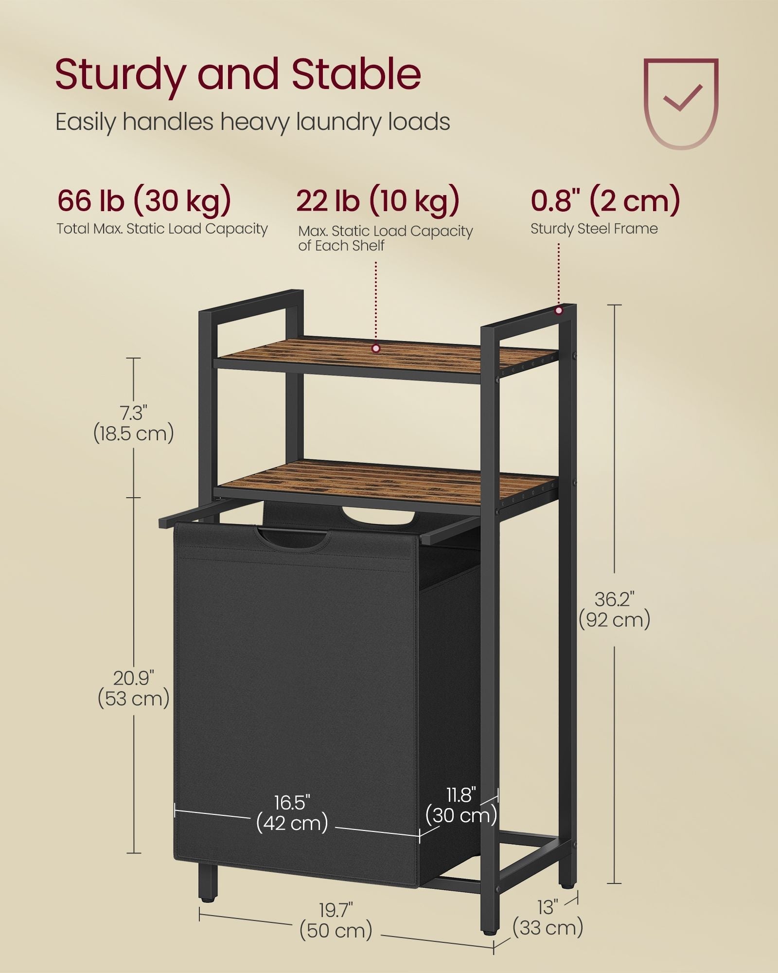 Laundry Basket - Wood - Rustic Brown and Black - 65 L Capacity with Removable Bag and 2 Shelves