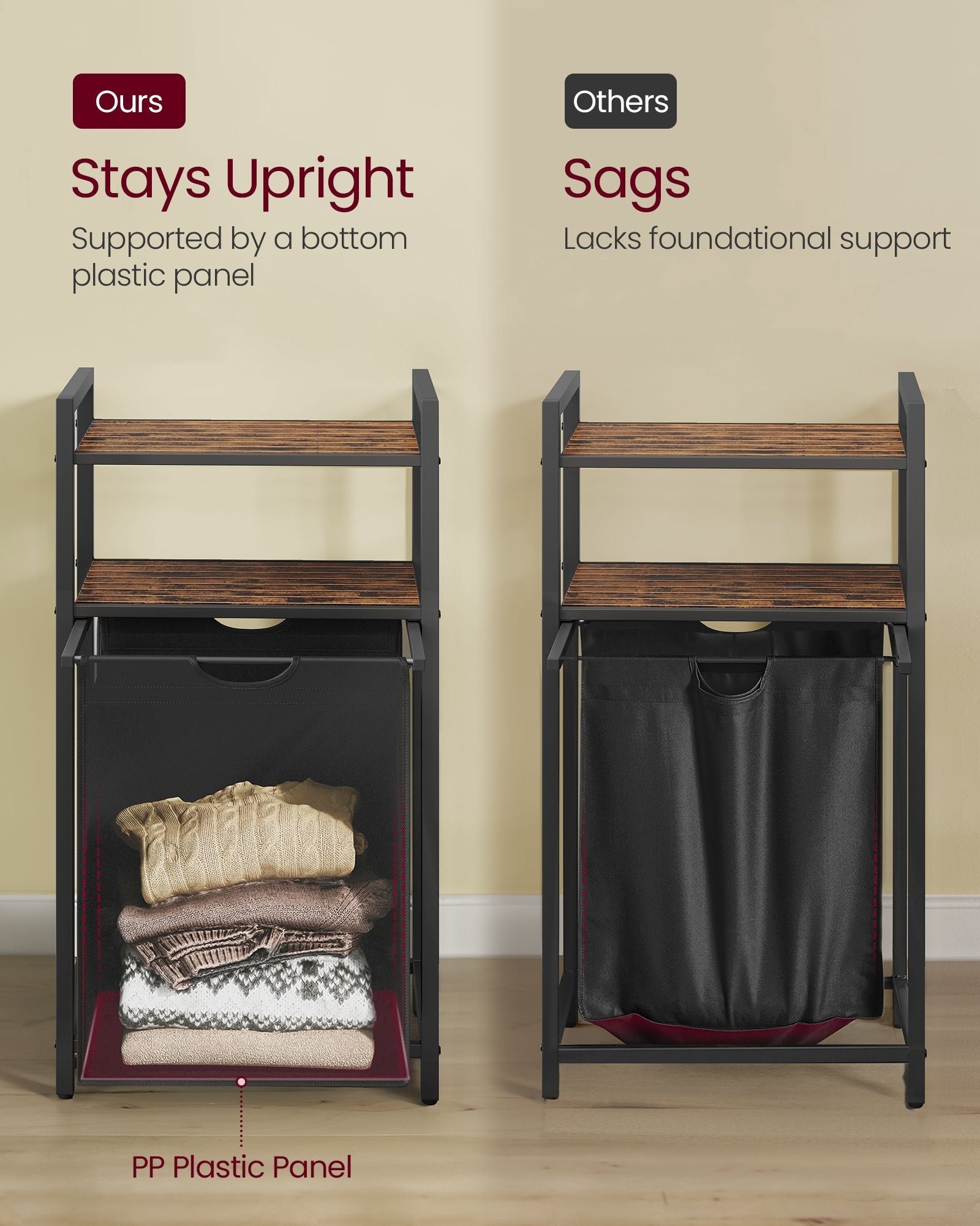 Laundry Basket - Wood - Rustic Brown and Black - 65 L Capacity with Removable Bag and 2 Shelves