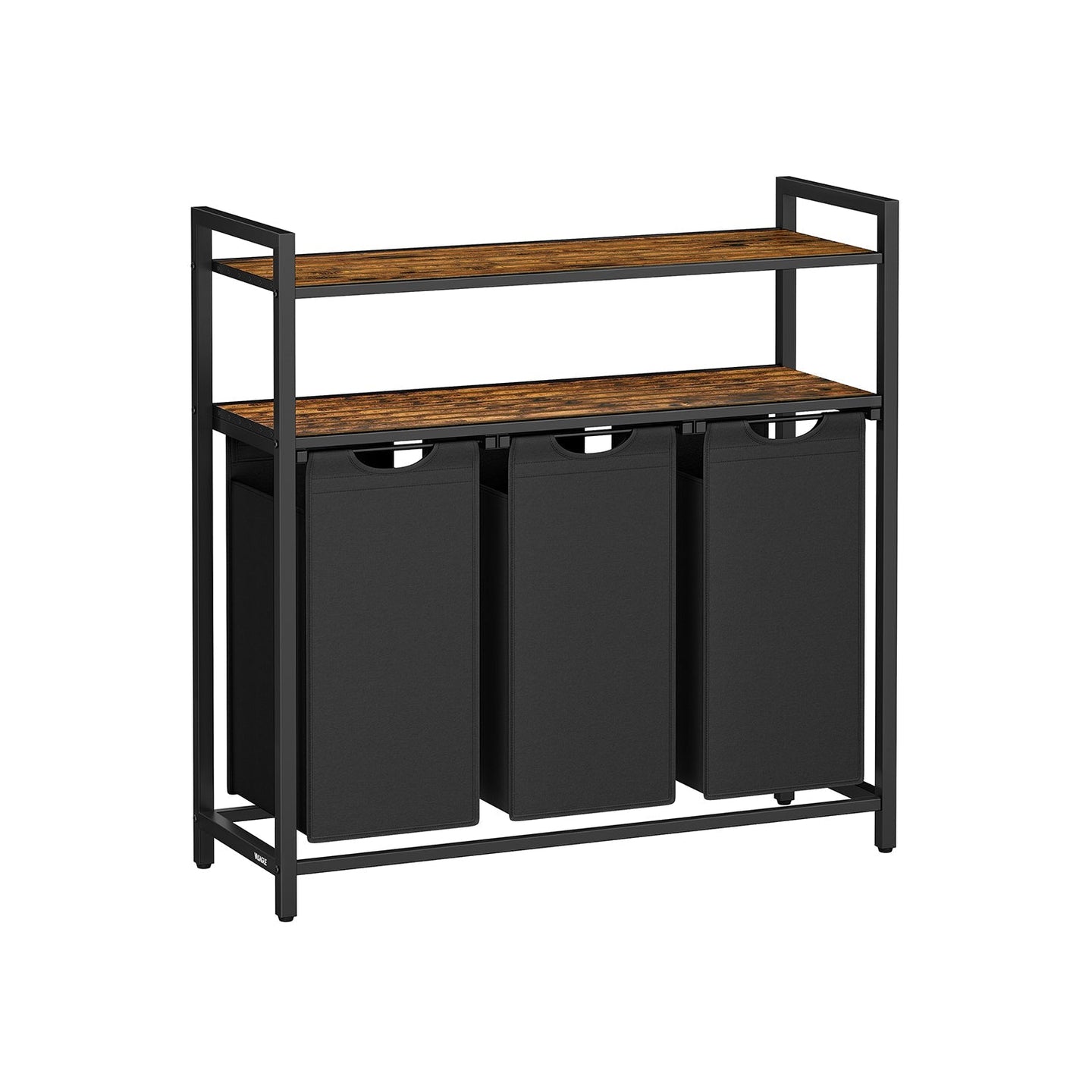 Laundry Basket - Wood - Rustic Brown and Black - 3 Removable Bags and 2 Shelves