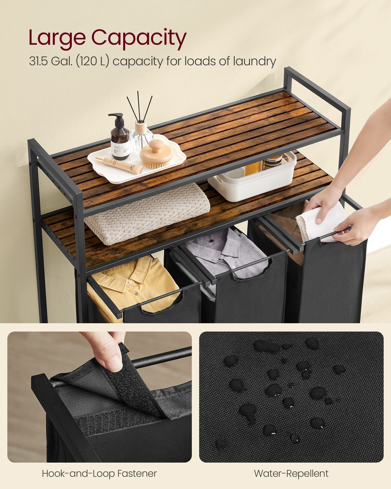 Laundry Basket - Wood - Rustic Brown and Black - 3 Removable Bags and 2 Shelves