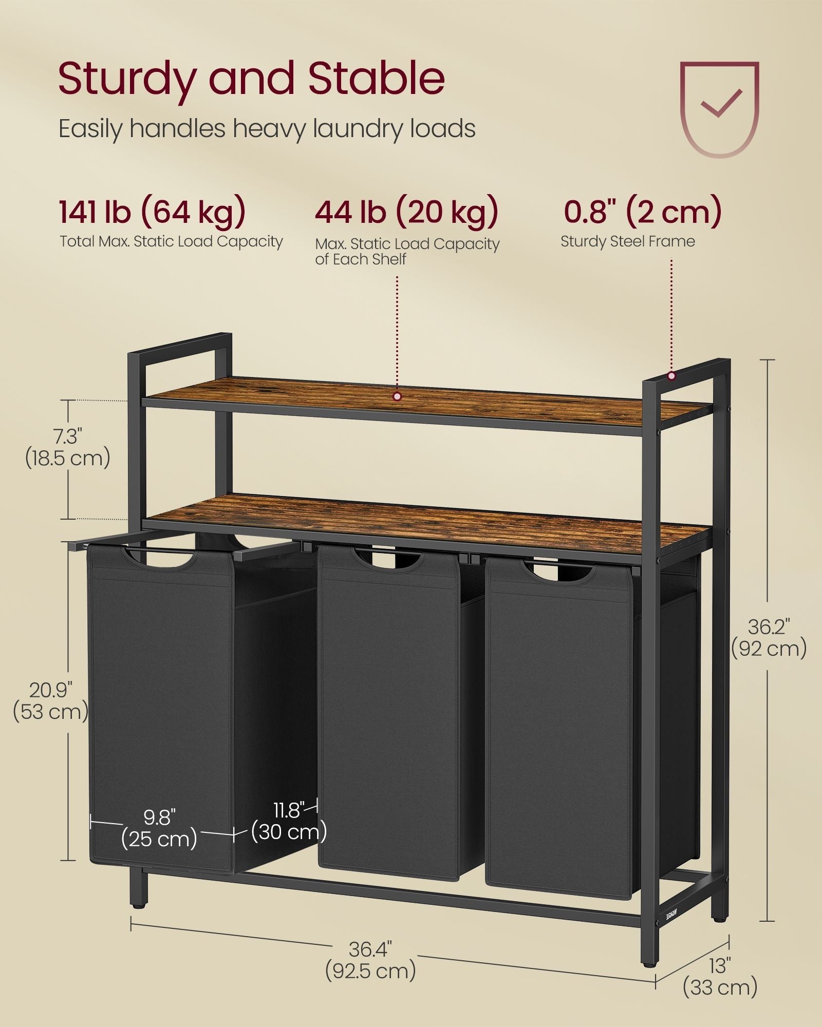 Laundry Basket - Wood - Rustic Brown and Black - 3 Removable Bags and 2 Shelves