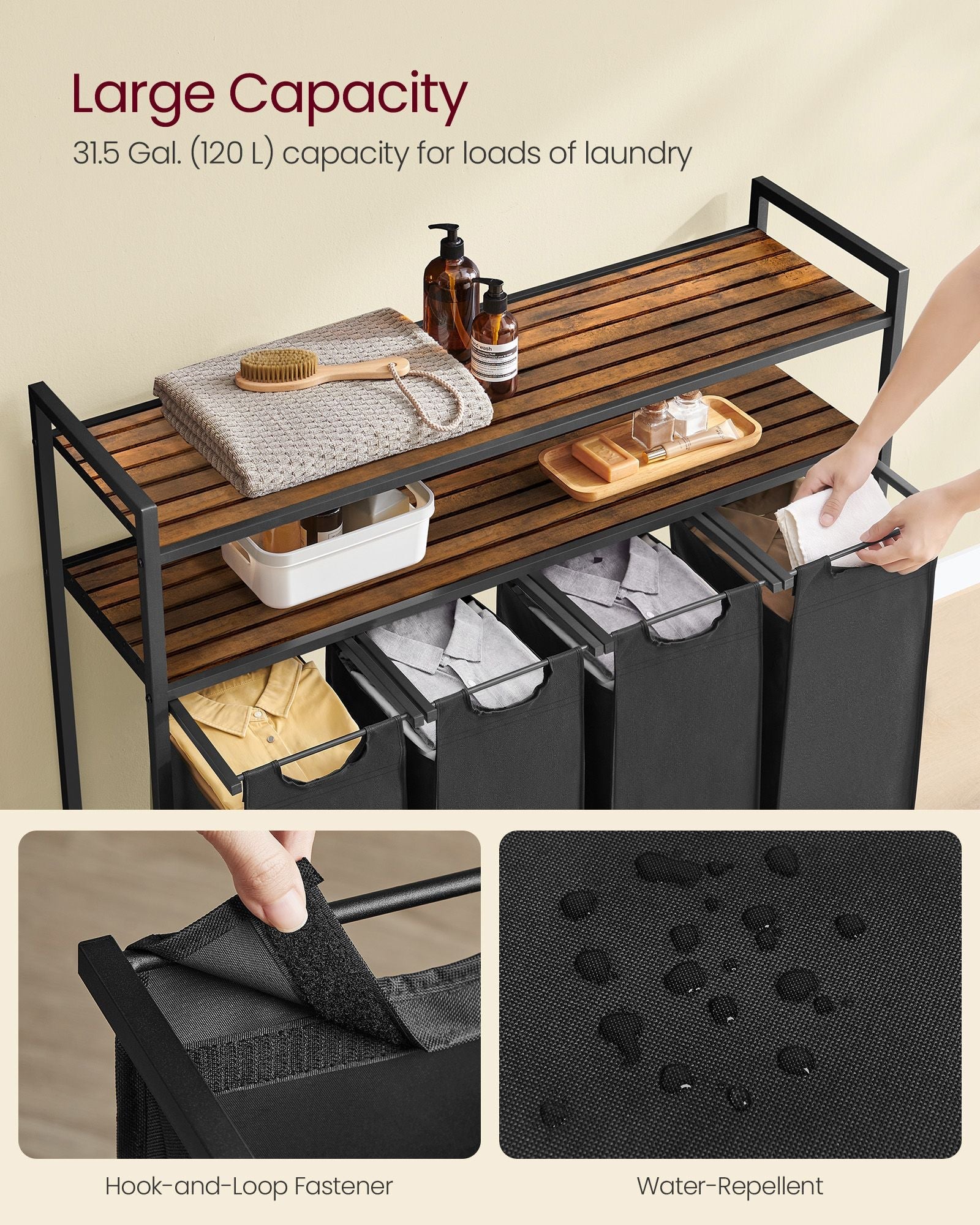Laundry Hamper - Wood - Rustic Brown and Black - 4 Pull-Out Removable Bags with Shelves