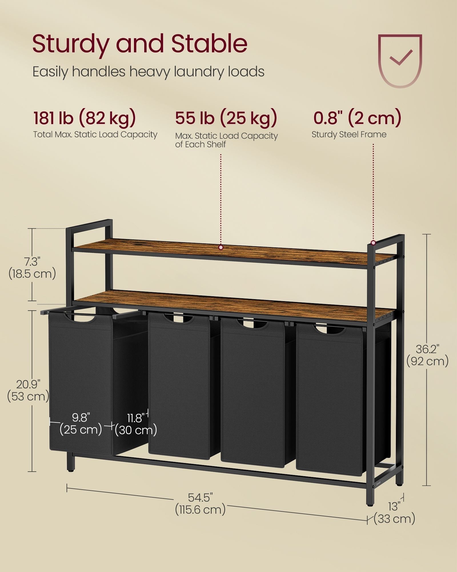 Laundry Hamper - Wood - Rustic Brown and Black - 4 Pull-Out Removable Bags with Shelves
