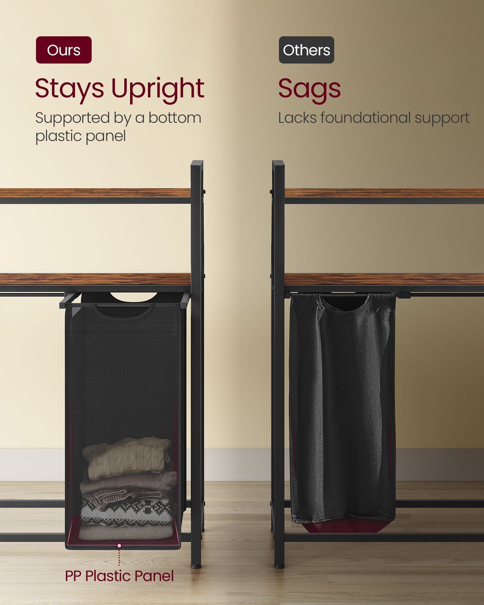 Laundry Hamper - Wood - Rustic Brown and Black - 4 Pull-Out Removable Bags with Shelves
