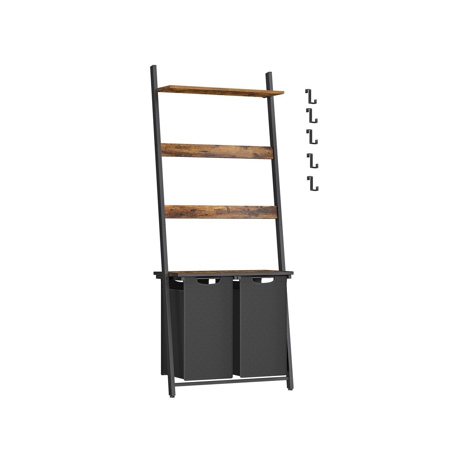 Laundry Hamper with Blanket Ladder - Wood - Rustic Brown - 2-Section with Pull-Out Removable Liners