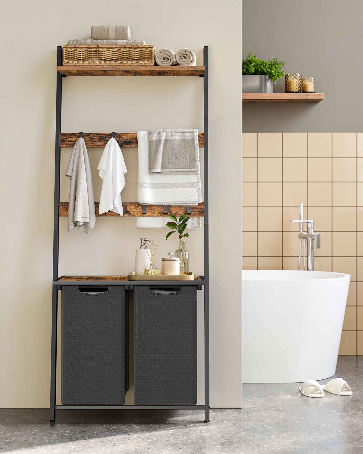 Laundry Hamper with Blanket Ladder - Wood - Rustic Brown - 2-Section with Pull-Out Removable Liners