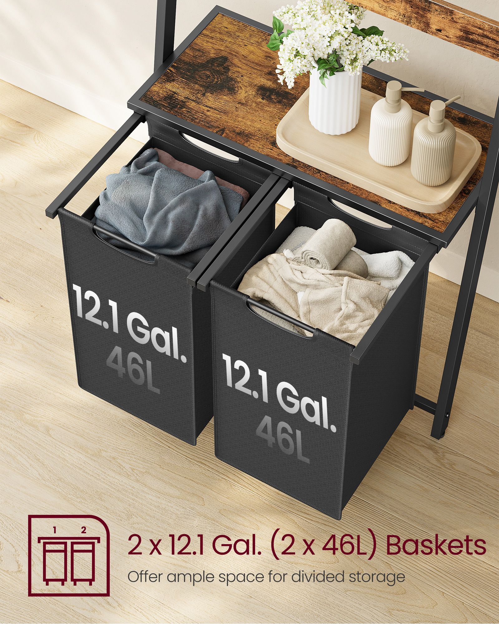 Laundry Hamper with Blanket Ladder - Wood - Rustic Brown - 2-Section with Pull-Out Removable Liners