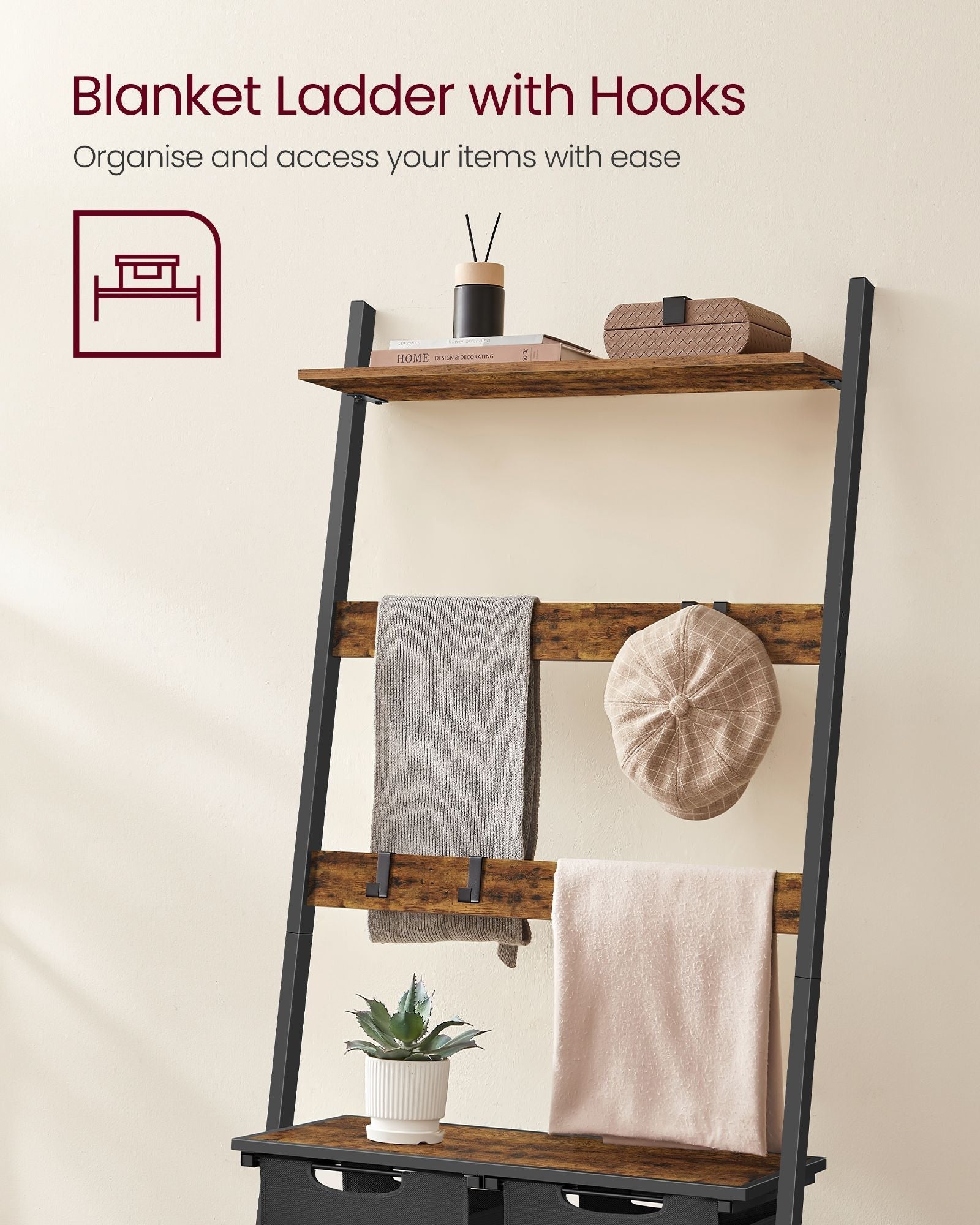 Laundry Hamper with Blanket Ladder - Wood - Rustic Brown - 2-Section with Pull-Out Removable Liners