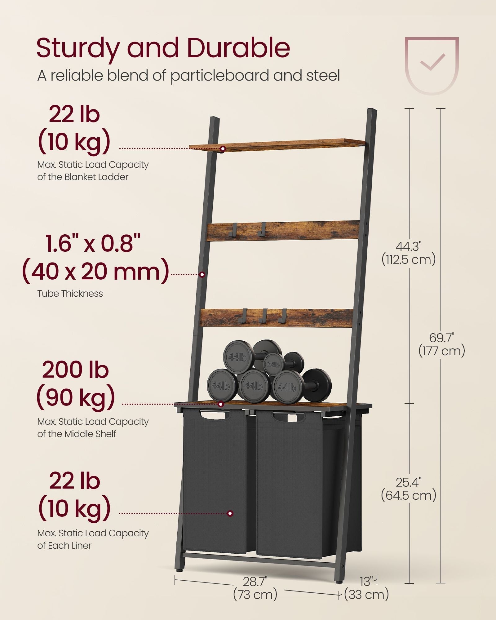 Laundry Hamper with Blanket Ladder - Wood - Rustic Brown - 2-Section with Pull-Out Removable Liners