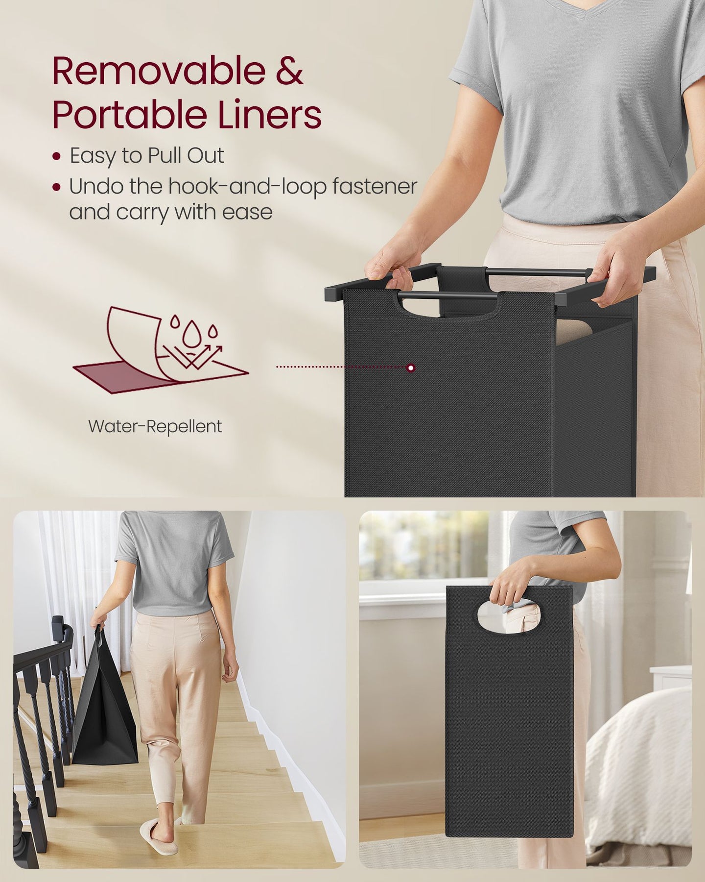 Laundry Hamper with Blanket Ladder - Wood - Rustic Brown - 2-Section with Pull-Out Removable Liners