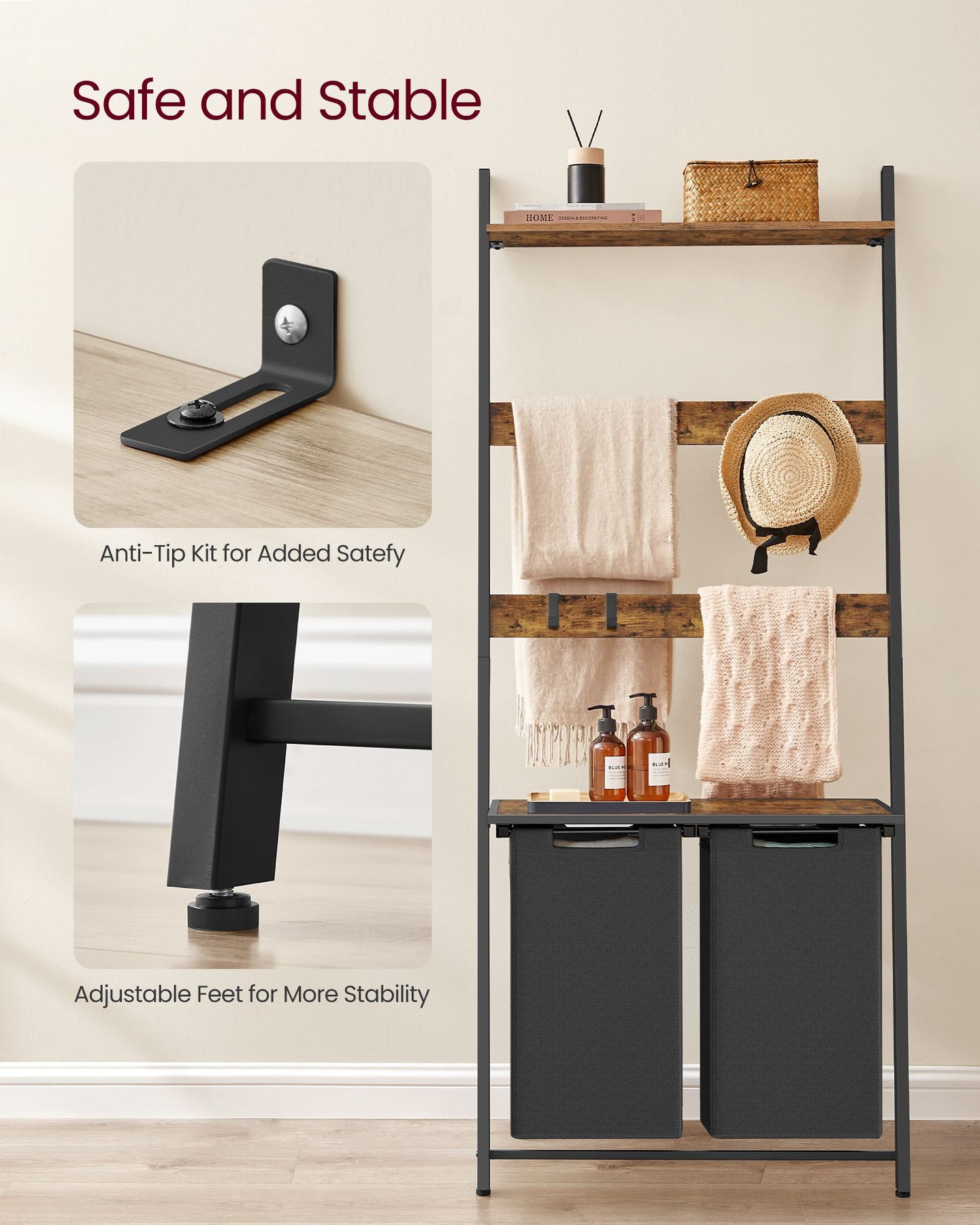 Laundry Hamper with Blanket Ladder - Wood - Rustic Brown - 2-Section with Pull-Out Removable Liners