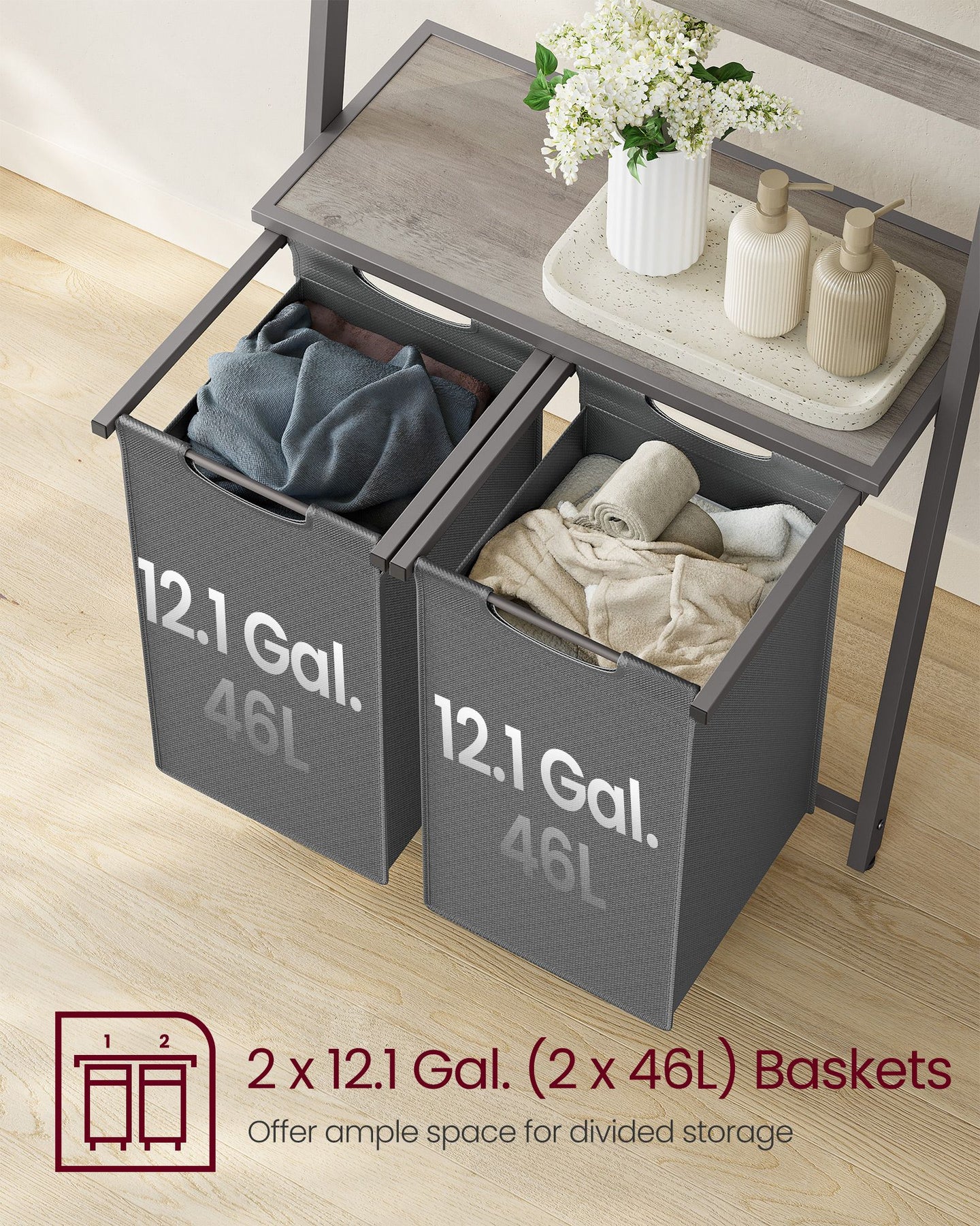 Laundry Basket - Fabric - Heather Greige - 2-Section with Pull-Out Removable Liners and Blanket Ladder