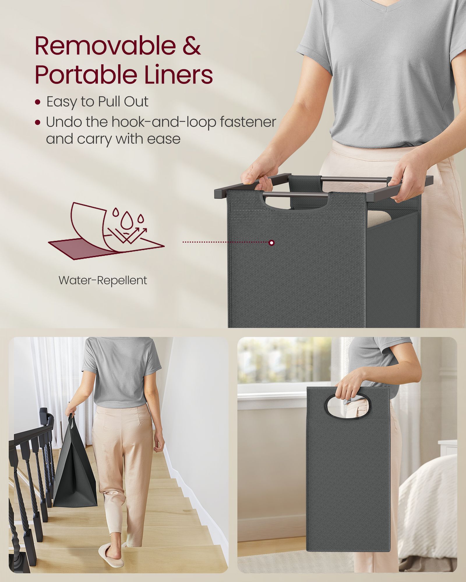 Laundry Basket - Fabric - Heather Greige - 2-Section with Pull-Out Removable Liners and Blanket Ladder