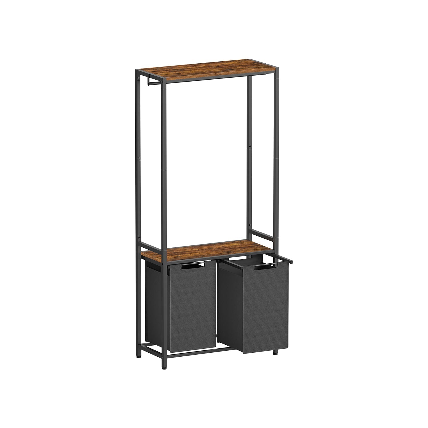Laundry Basket - Wood - Rustic Brown and Black - 2-Section with Shelves and Pull-Out Liners