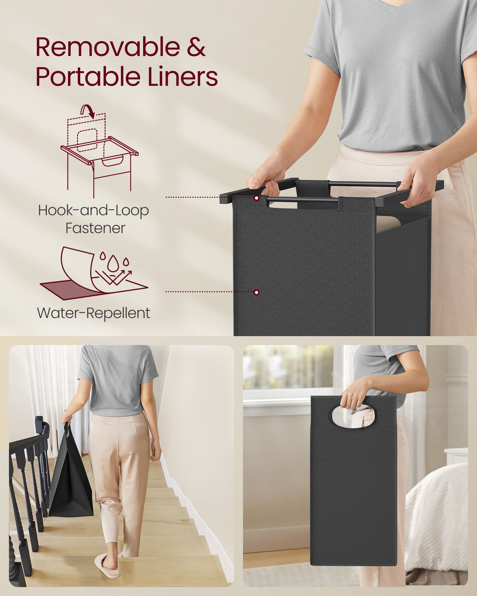 Laundry Basket - Wood - Rustic Brown and Black - 2-Section with Shelves and Pull-Out Liners