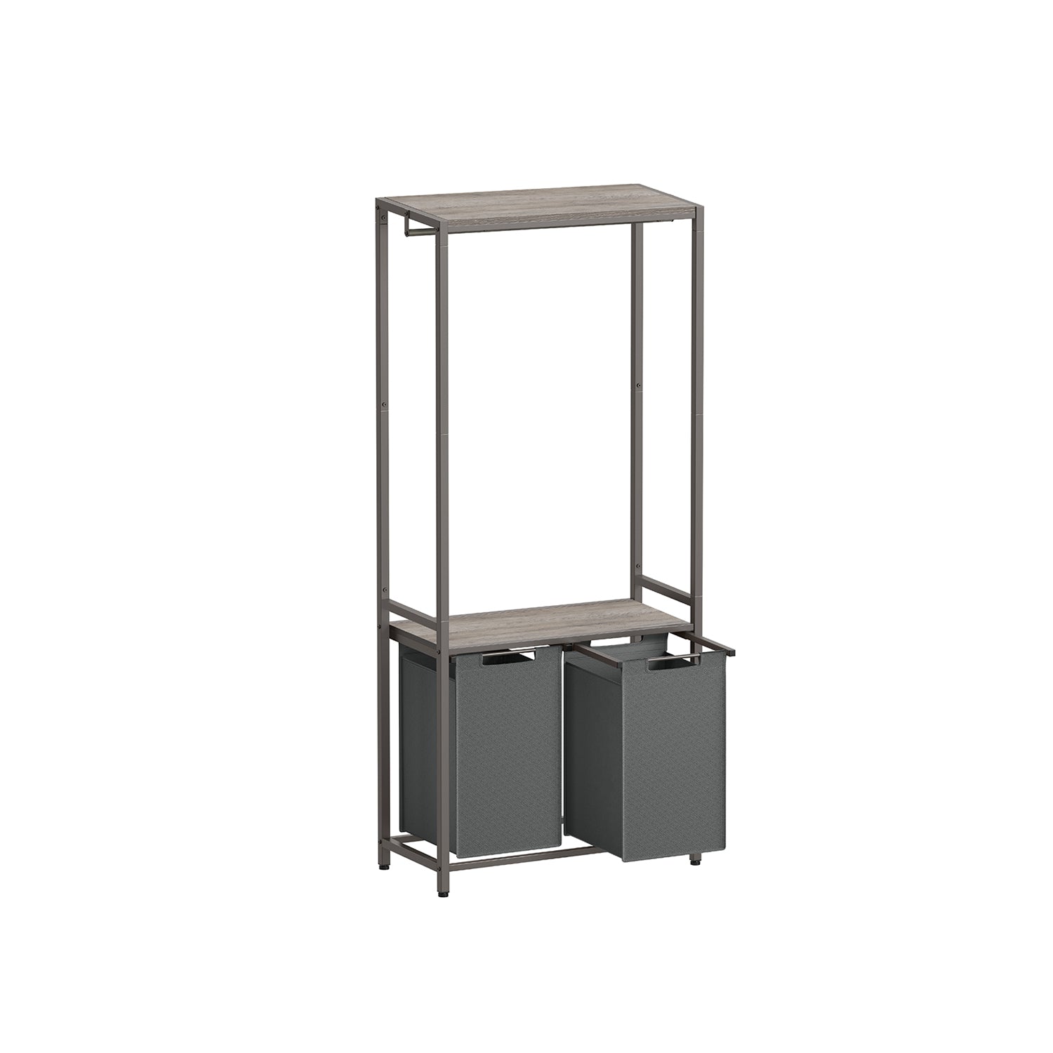 Laundry Basket - Wood - Rustic Brown and Black - 2-Section with Shelves and Pull-Out Liners