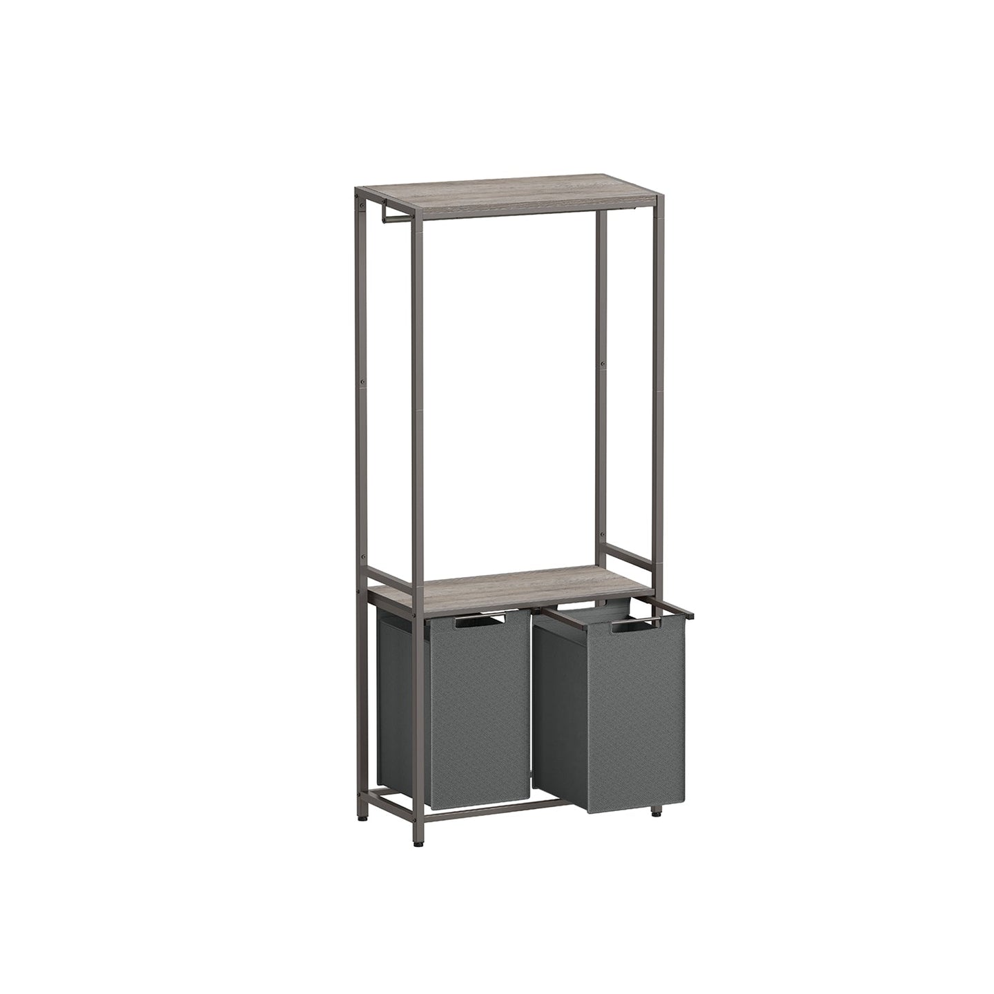 Laundry Basket - Wood - Rustic Brown and Black - 2-Section with Shelves and Pull-Out Liners