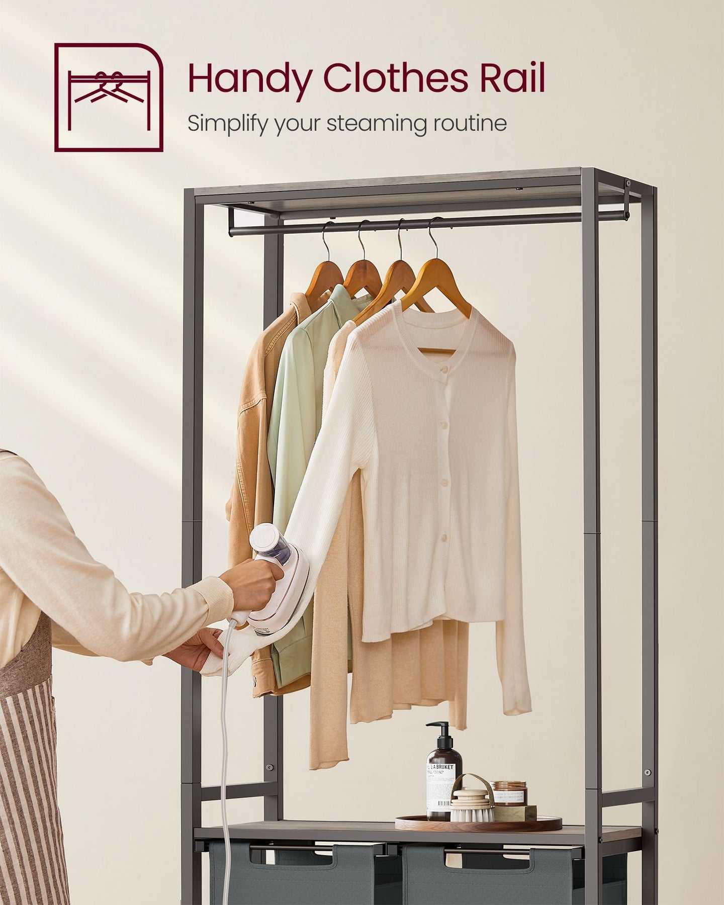Laundry Basket - Fabric - Heather Greige - 2-Section with Pull-Out Liners and Clothes Rail