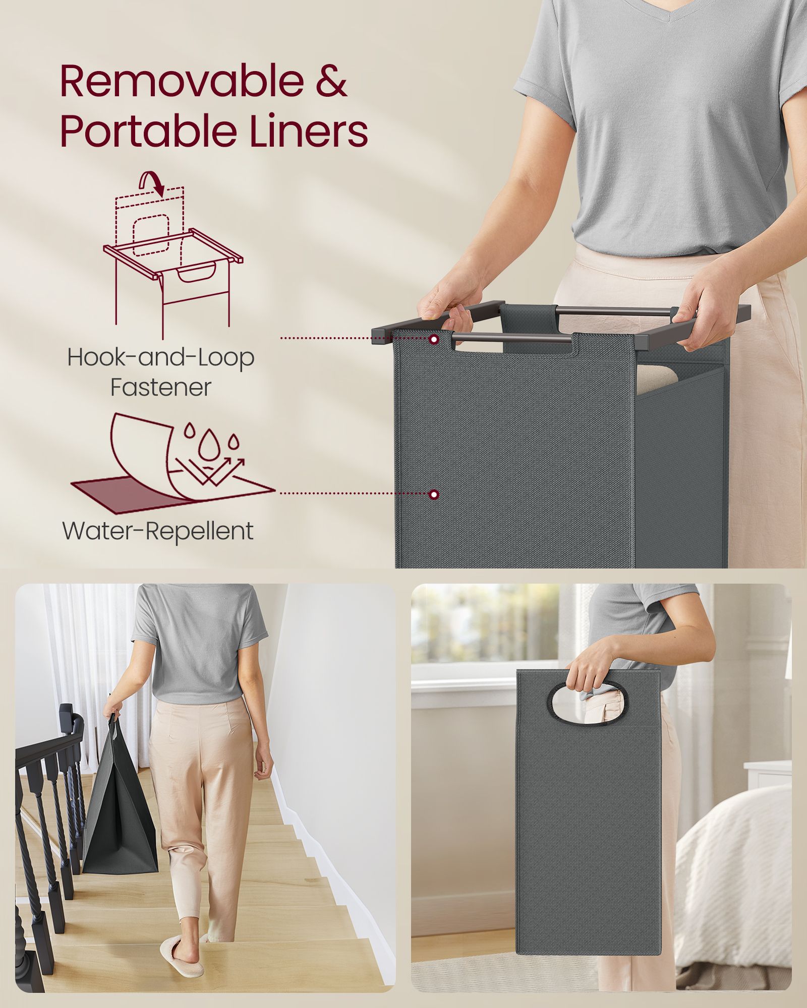 Laundry Basket - Fabric - Heather Greige - 2-Section with Pull-Out Liners and Clothes Rail