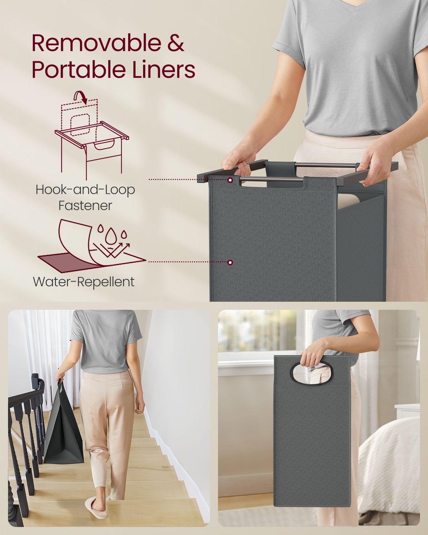 Laundry Basket - Fabric - Heather Greige - 2-Section with Pull-Out Liners and Clothes Rail