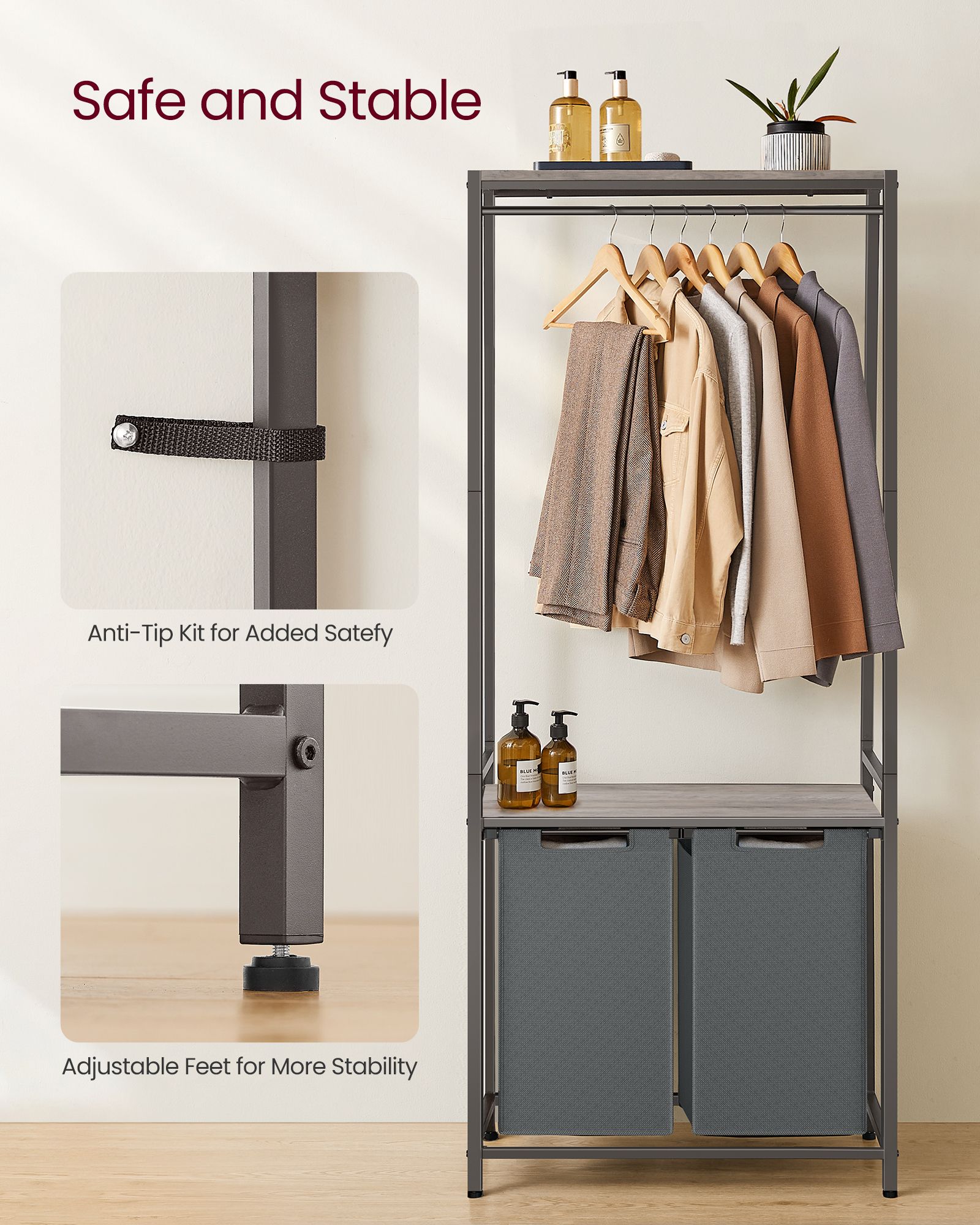 Laundry Basket - Fabric - Heather Greige - 2-Section with Pull-Out Liners and Clothes Rail