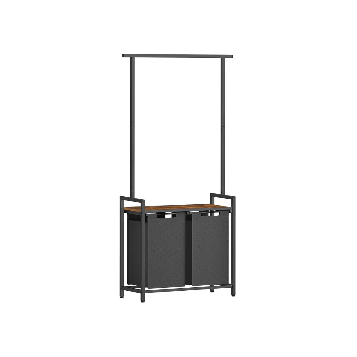 2-Section Laundry Basket - Wood - Rustic Brown and Black - With Clothes Rail and Removable Liners