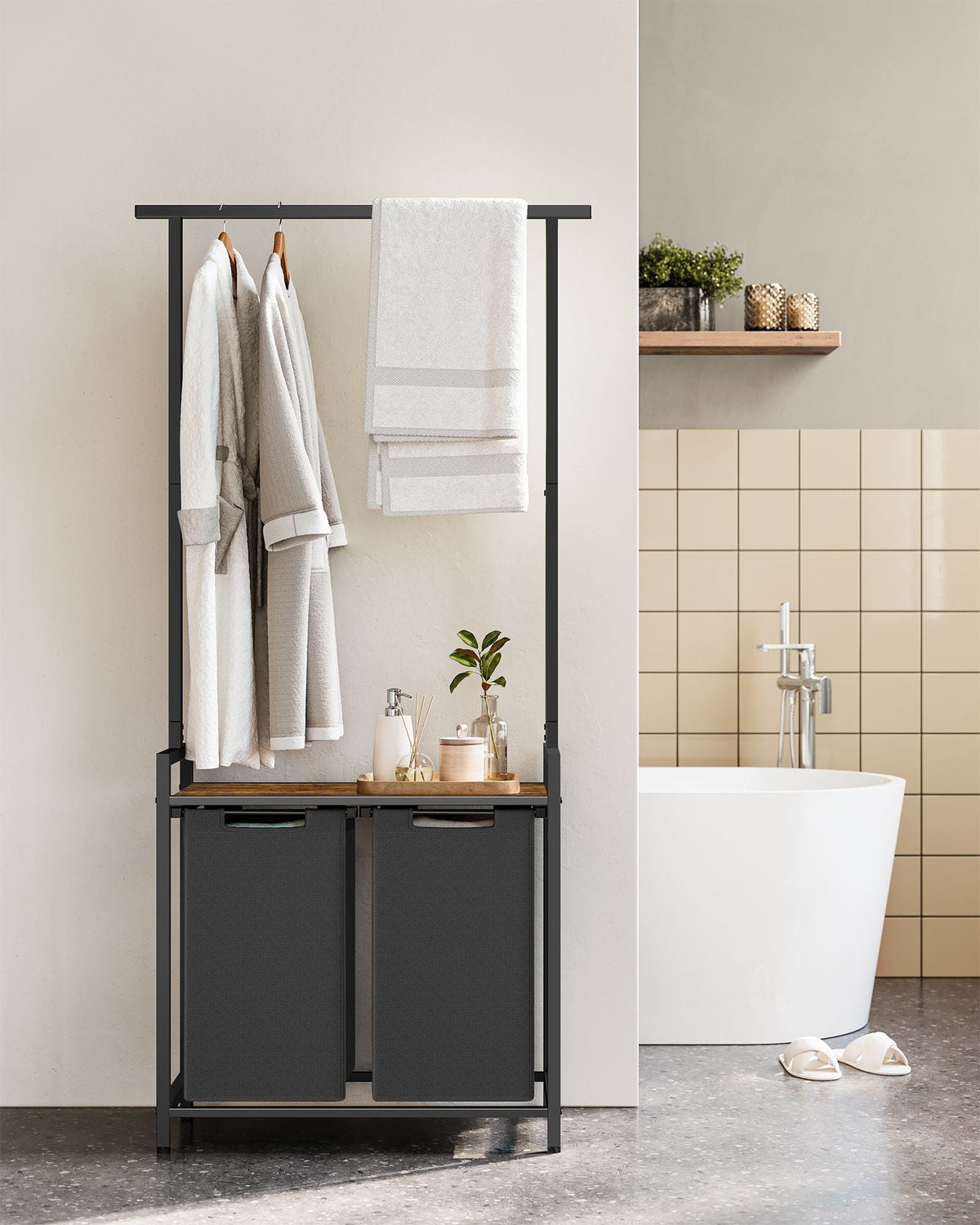 2-Section Laundry Basket - Wood - Rustic Brown and Black - With Clothes Rail and Removable Liners