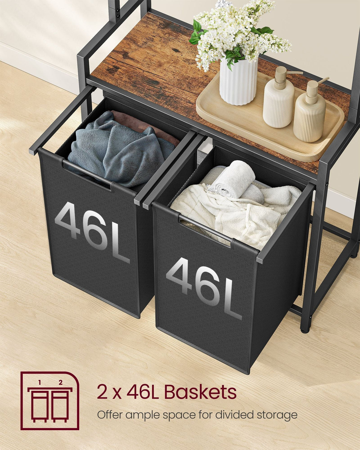2-Section Laundry Basket - Wood - Rustic Brown and Black - With Clothes Rail and Removable Liners