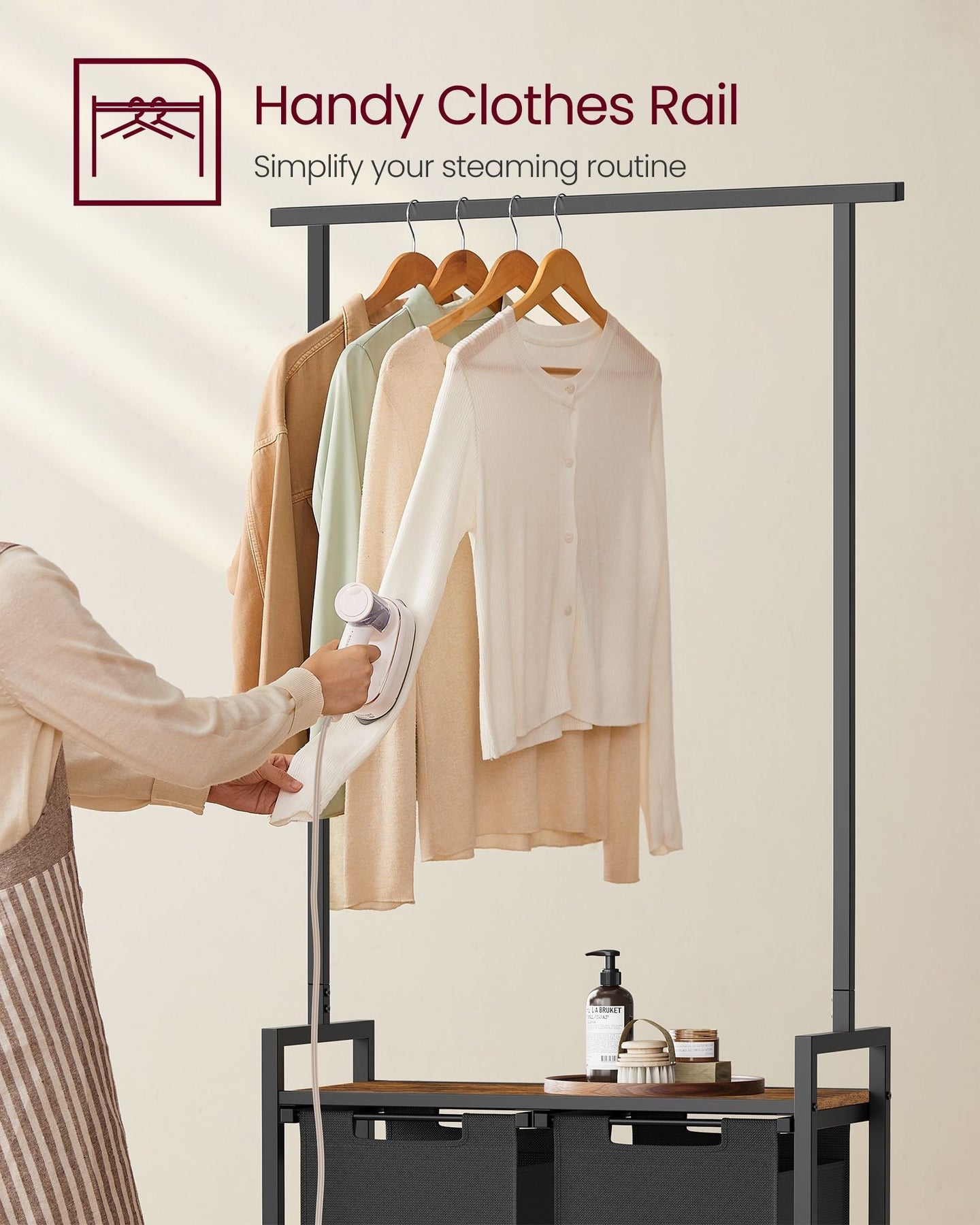 2-Section Laundry Basket - Wood - Rustic Brown and Black - With Clothes Rail and Removable Liners