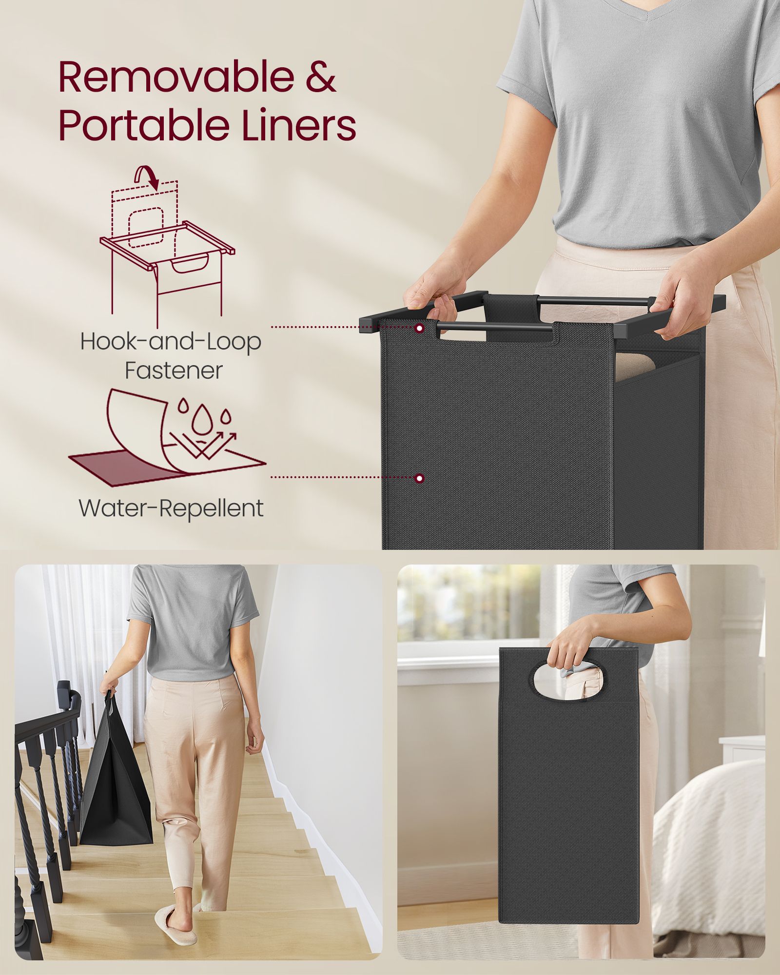 2-Section Laundry Basket - Wood - Rustic Brown and Black - With Clothes Rail and Removable Liners
