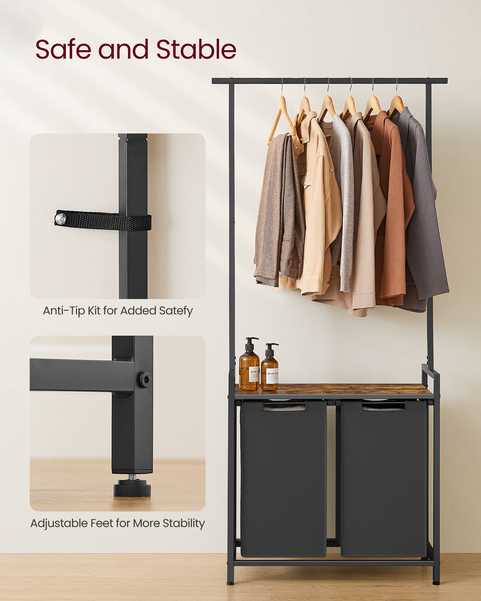 2-Section Laundry Basket - Wood - Rustic Brown and Black - With Clothes Rail and Removable Liners