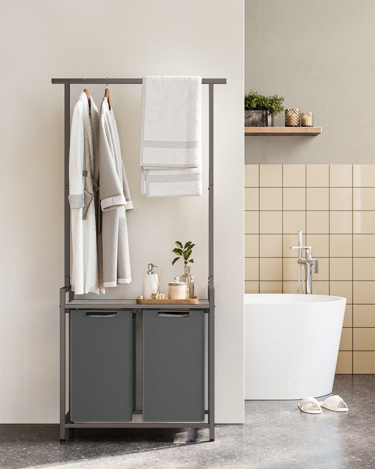 2-Section Laundry Hamper - Fabric - Natural - With Clothes Rail and Removable Liners