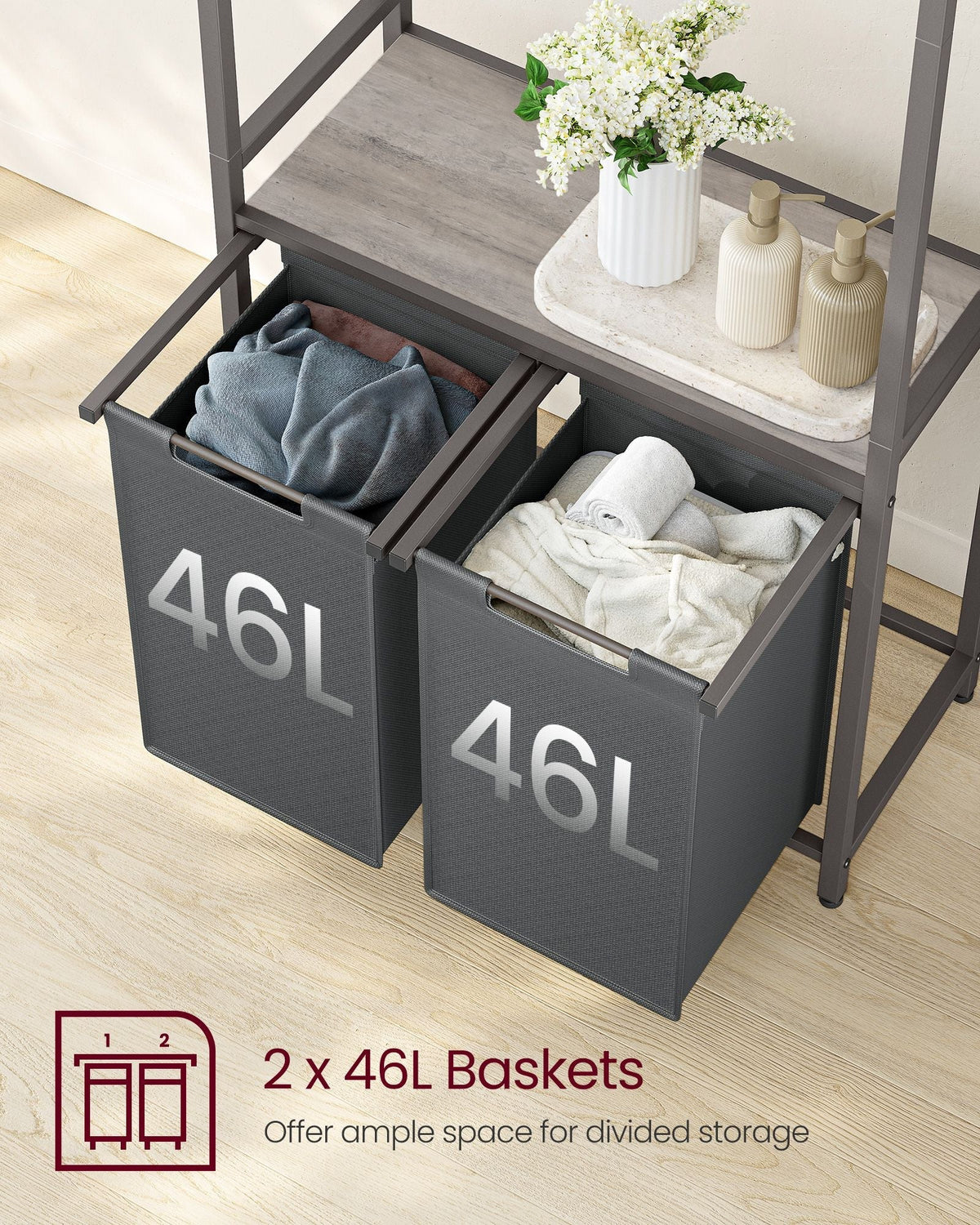 2-Section Laundry Hamper - Fabric - Natural - With Clothes Rail and Removable Liners