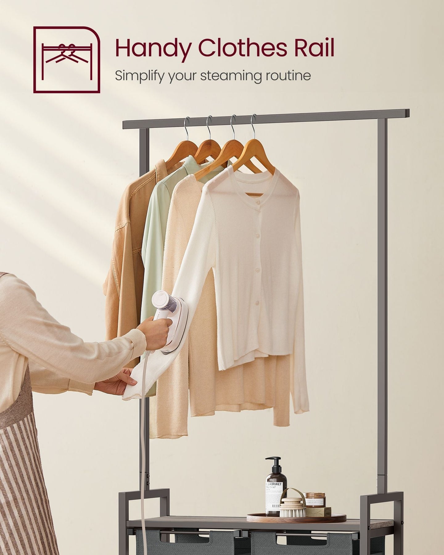 2-Section Laundry Hamper - Fabric - Natural - With Clothes Rail and Removable Liners