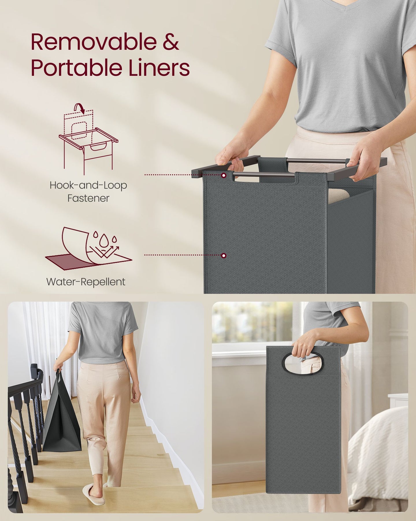 2-Section Laundry Hamper - Fabric - Natural - With Clothes Rail and Removable Liners