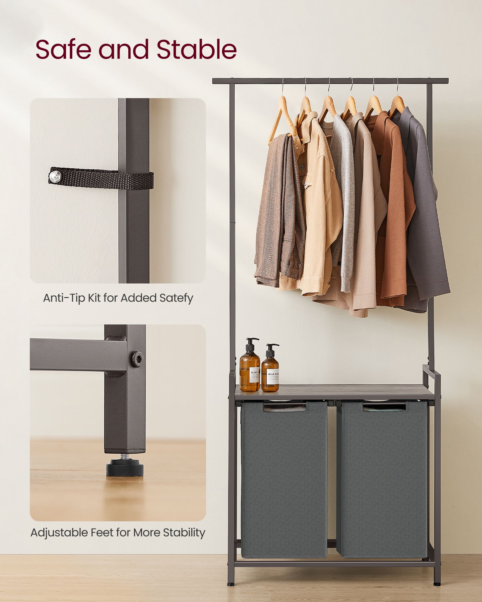 2-Section Laundry Hamper - Fabric - Natural - With Clothes Rail and Removable Liners