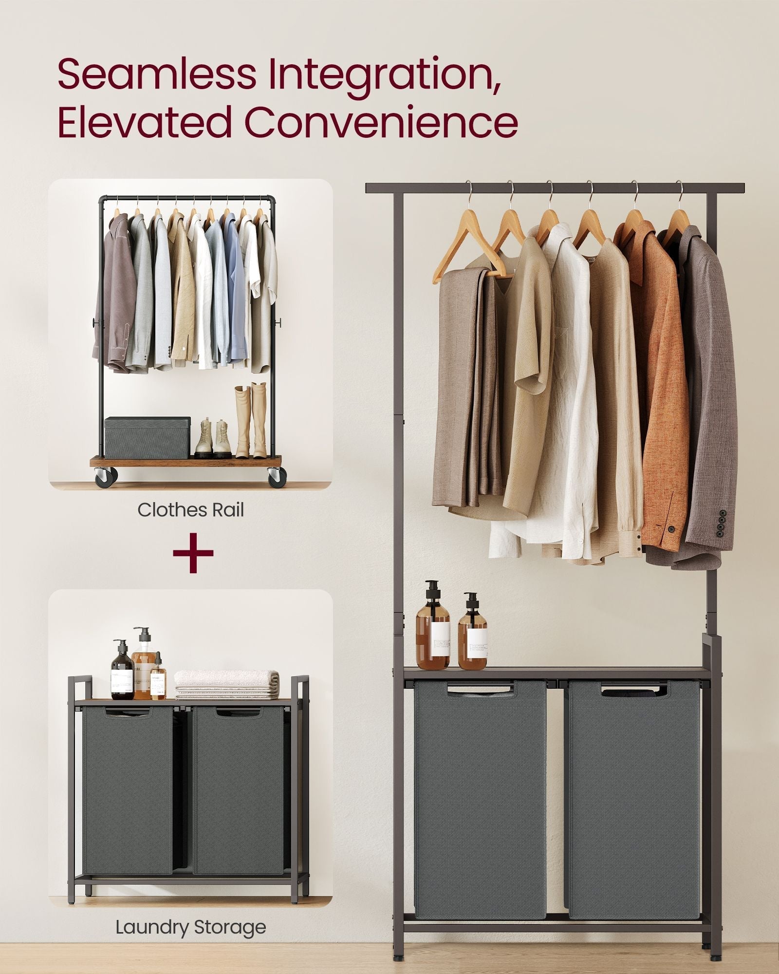 2-Section Laundry Hamper - Fabric - Natural - With Clothes Rail and Removable Liners