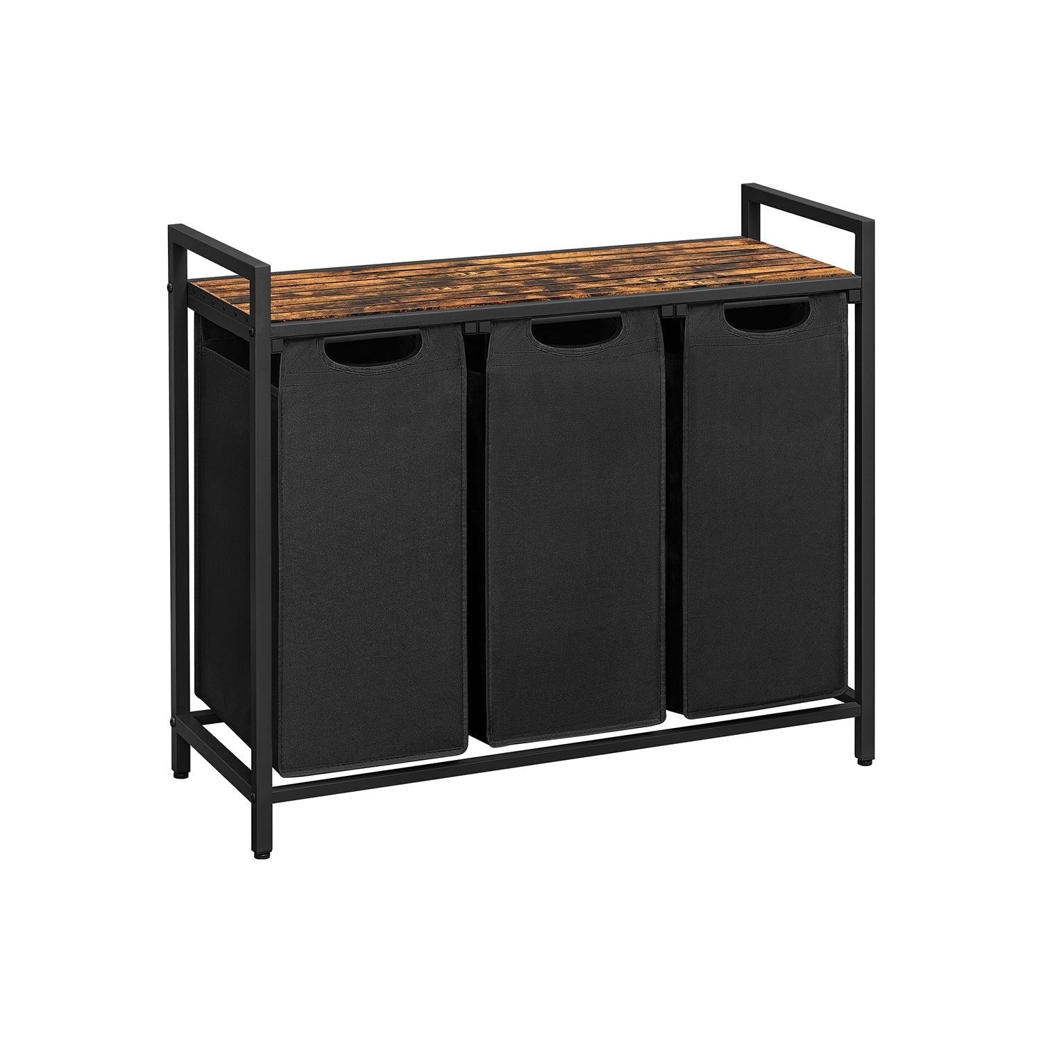 Laundry Sorter - Wood - Rustic Brown and Black - 3 Pull-Out Removable Bags with Storage Shelf