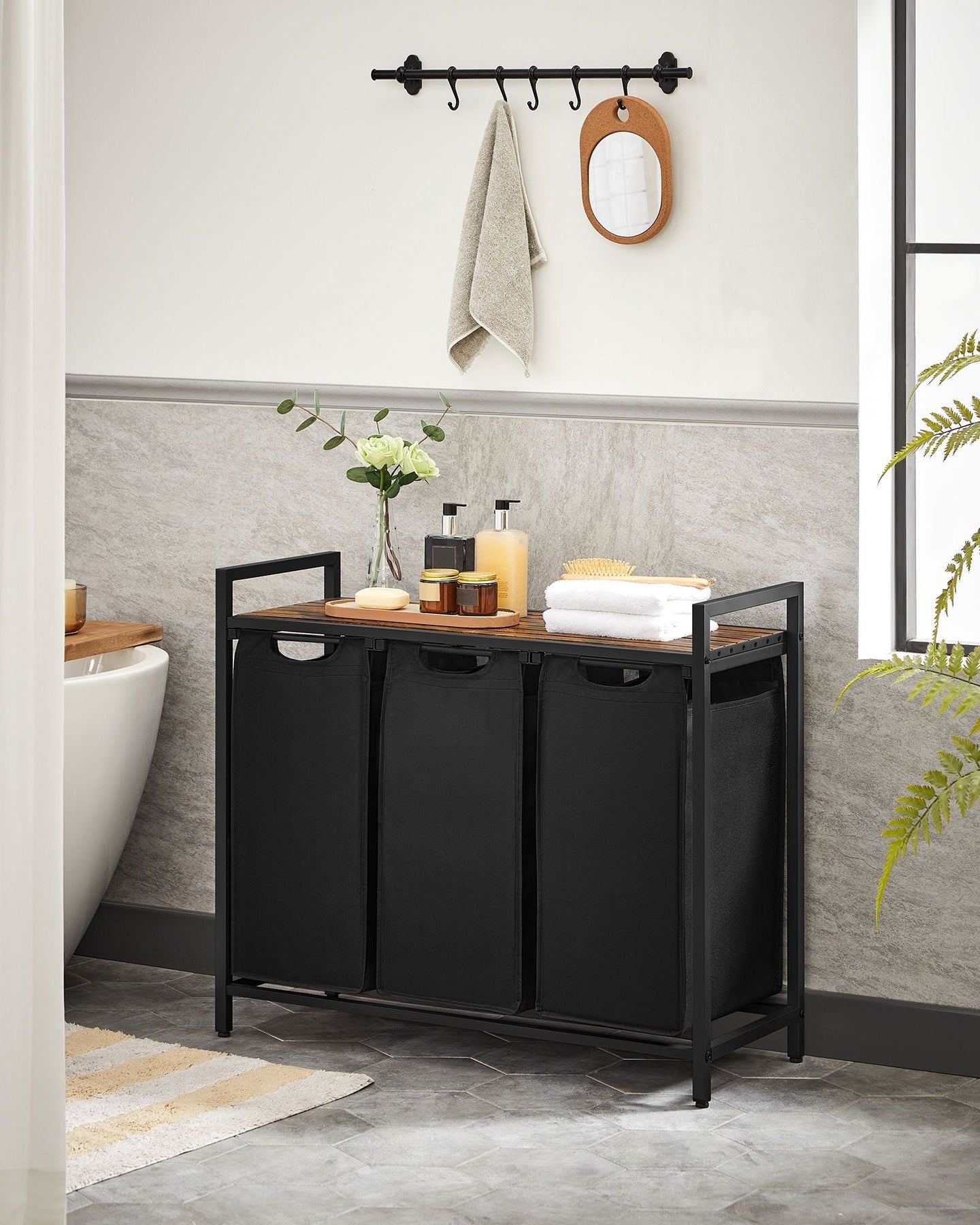 Laundry Sorter - Wood - Rustic Brown and Black - 3 Pull-Out Removable Bags with Storage Shelf